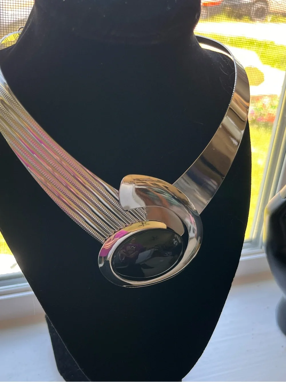 Silver Tone Statement Collar Necklace with Black Stone